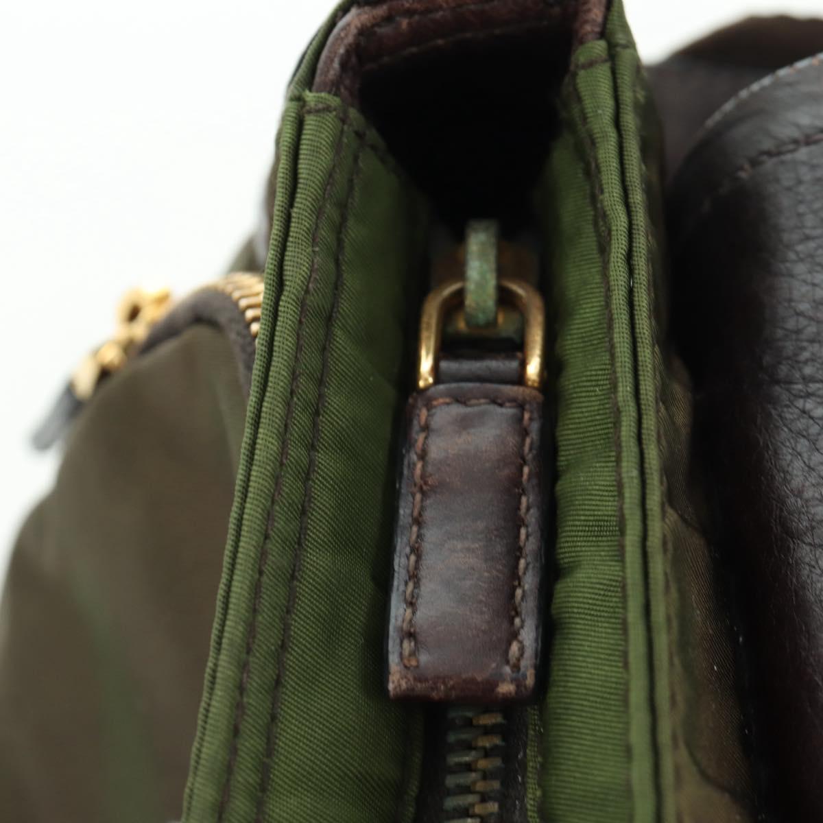 PRADA Shoulder Bag Nylon Leather Khaki Gold Auth ARZ154V