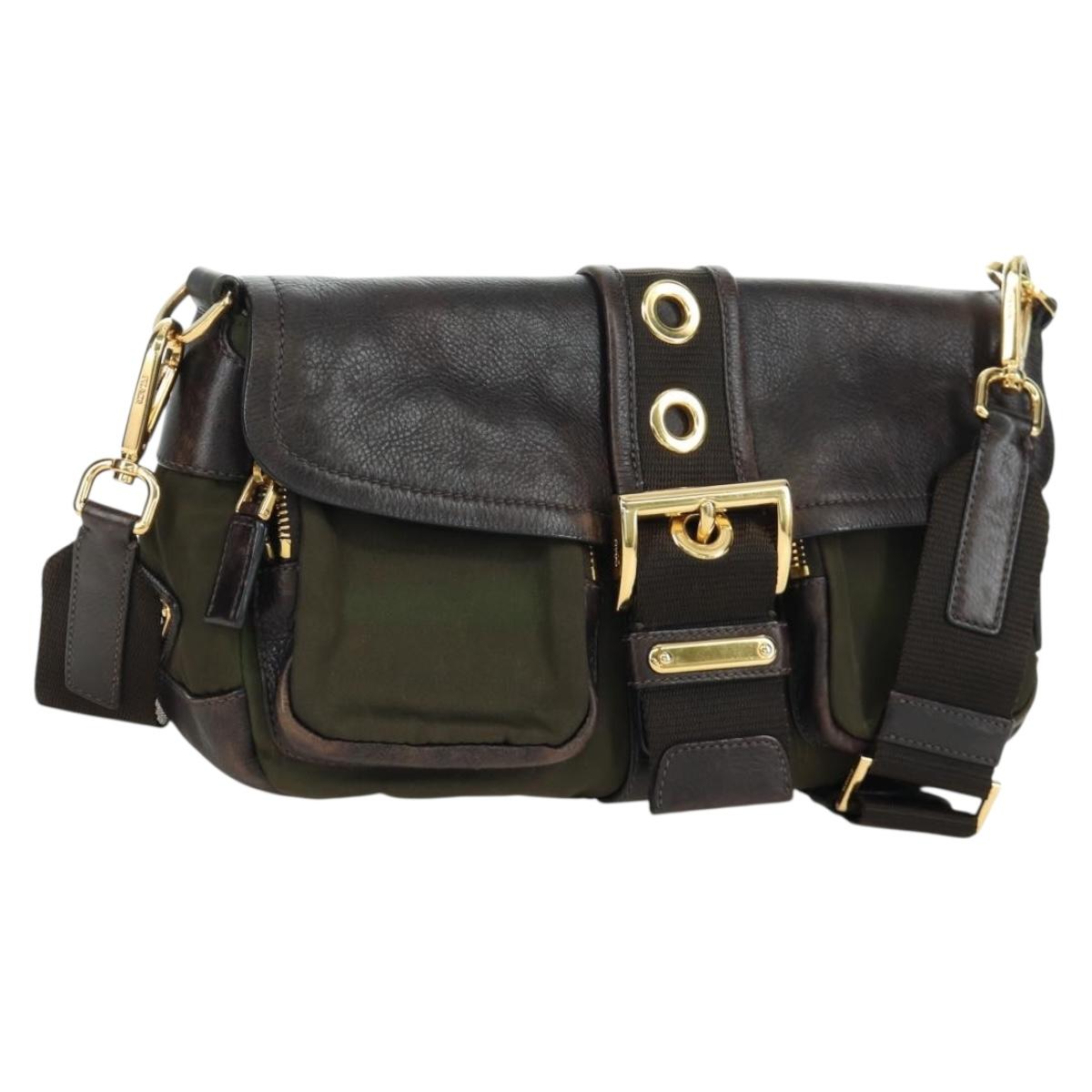 PRADA Shoulder Bag Nylon Leather Khaki Gold Auth ARZ154V