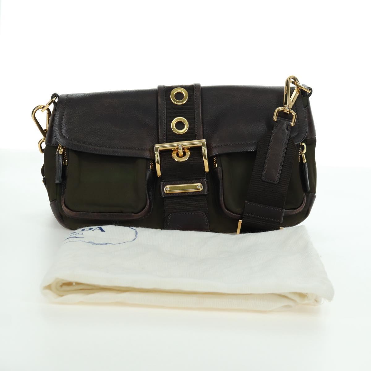 PRADA Shoulder Bag Nylon Leather Khaki Gold Auth ARZ154V