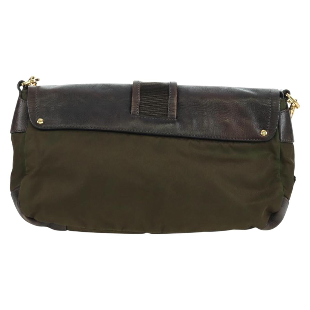 PRADA Shoulder Bag Nylon Leather Khaki Gold Auth ARZ154V