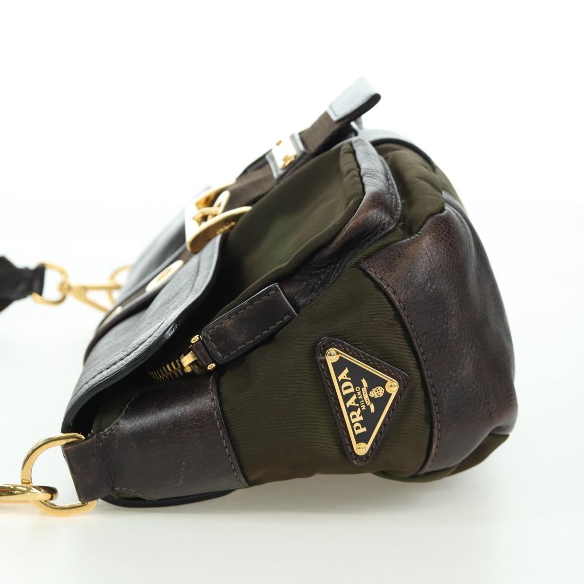 PRADA Shoulder Bag Nylon Leather Khaki Gold Auth ARZ154V