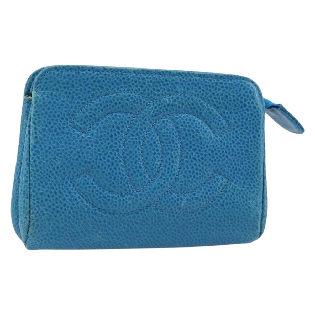 CHANEL COCO Mark Pouch Caviar Skin Blue Gold CC Auth ARZ176