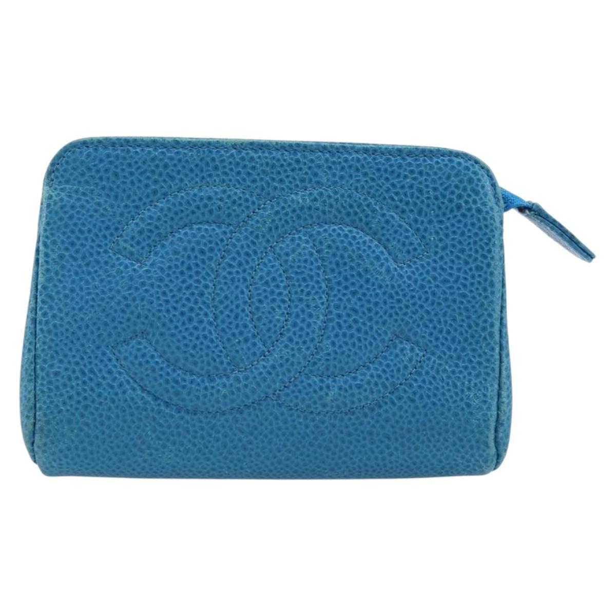 CHANEL COCO Mark Pouch Caviar Skin Blue Gold CC Auth ARZ176