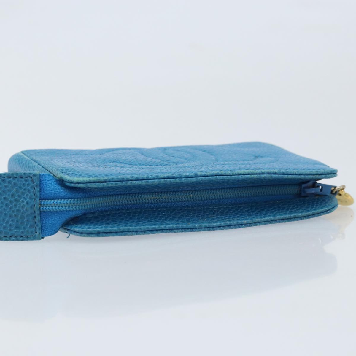 CHANEL COCO Mark Pouch Caviar Skin Blue Gold CC Auth ARZ176