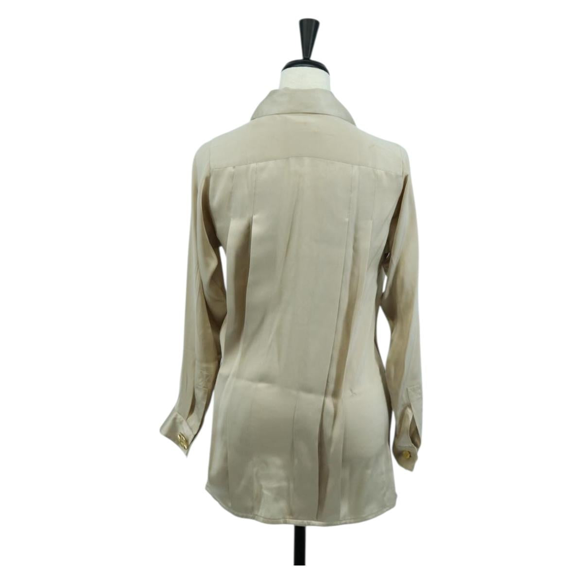 CHANEL COCO Mark Blouse Long-sleeved T-shirt Silk Size 38 Beige CC Auth ARZ187V