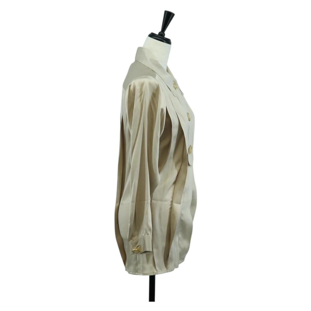 CHANEL COCO Mark Blouse Long-sleeved T-shirt Silk Size 38 Beige CC Auth ARZ187V
