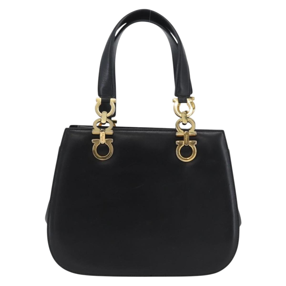 Salvatore Ferragamo Gancini Hand Bag Leather Black Gold Auth ARZ224