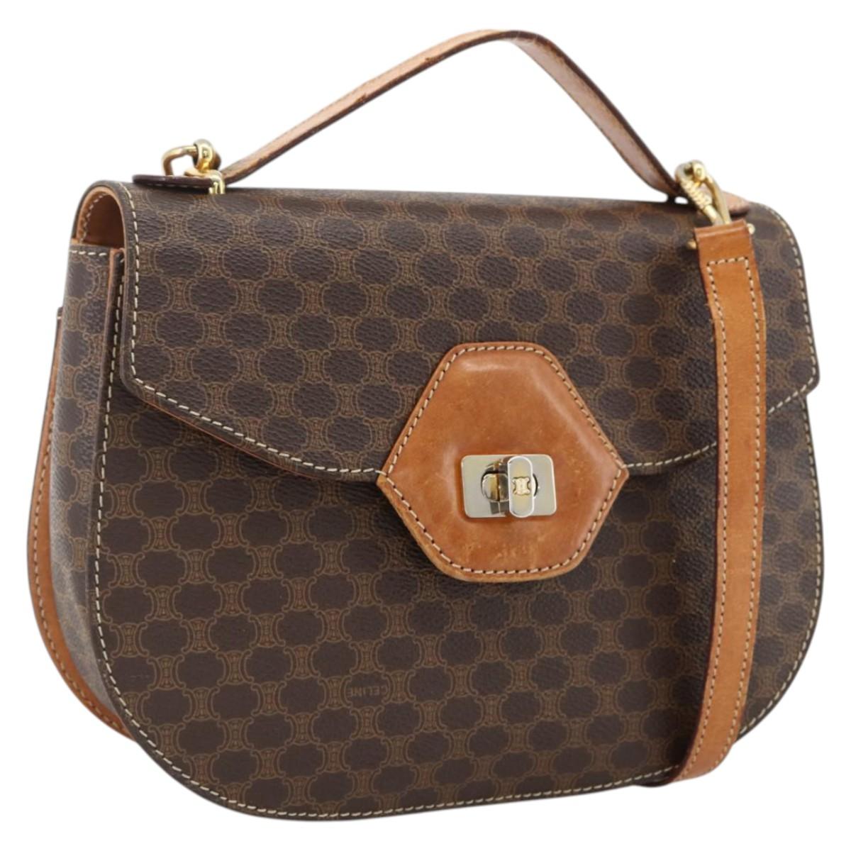 CELINE Macadam Canvas Hand Bag PVC Leather 2way Brown Gold Auth ARZ225