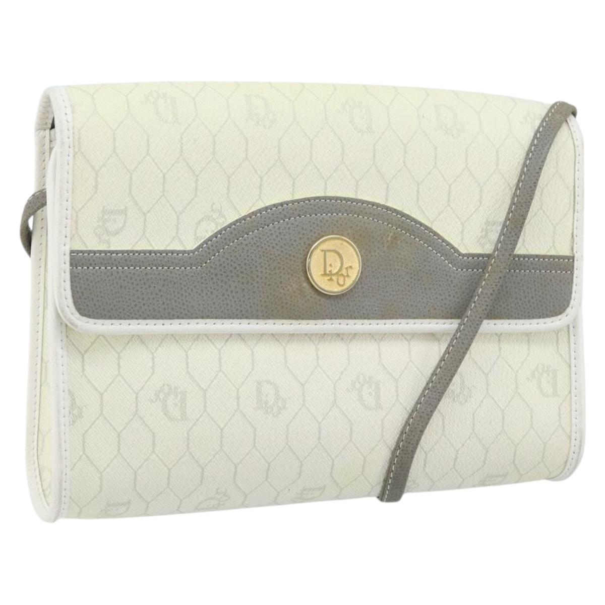 Christian Dior Honeycomb Canvas Shoulder Bag PVC White Gold Auth ARZ226