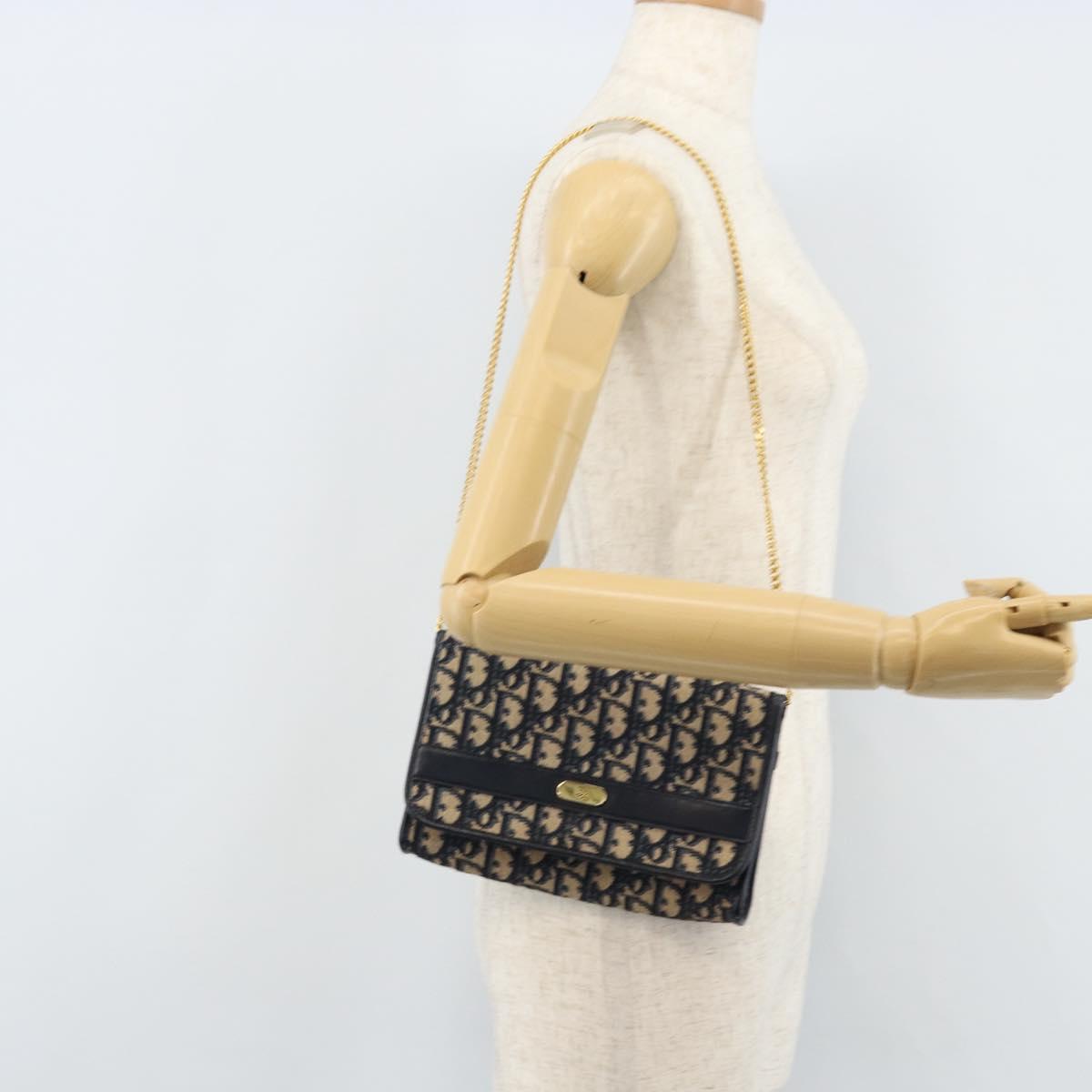 Christian Dior Trotter Canvas Chain Shoulder Bag Navy Gold Auth ARZ234