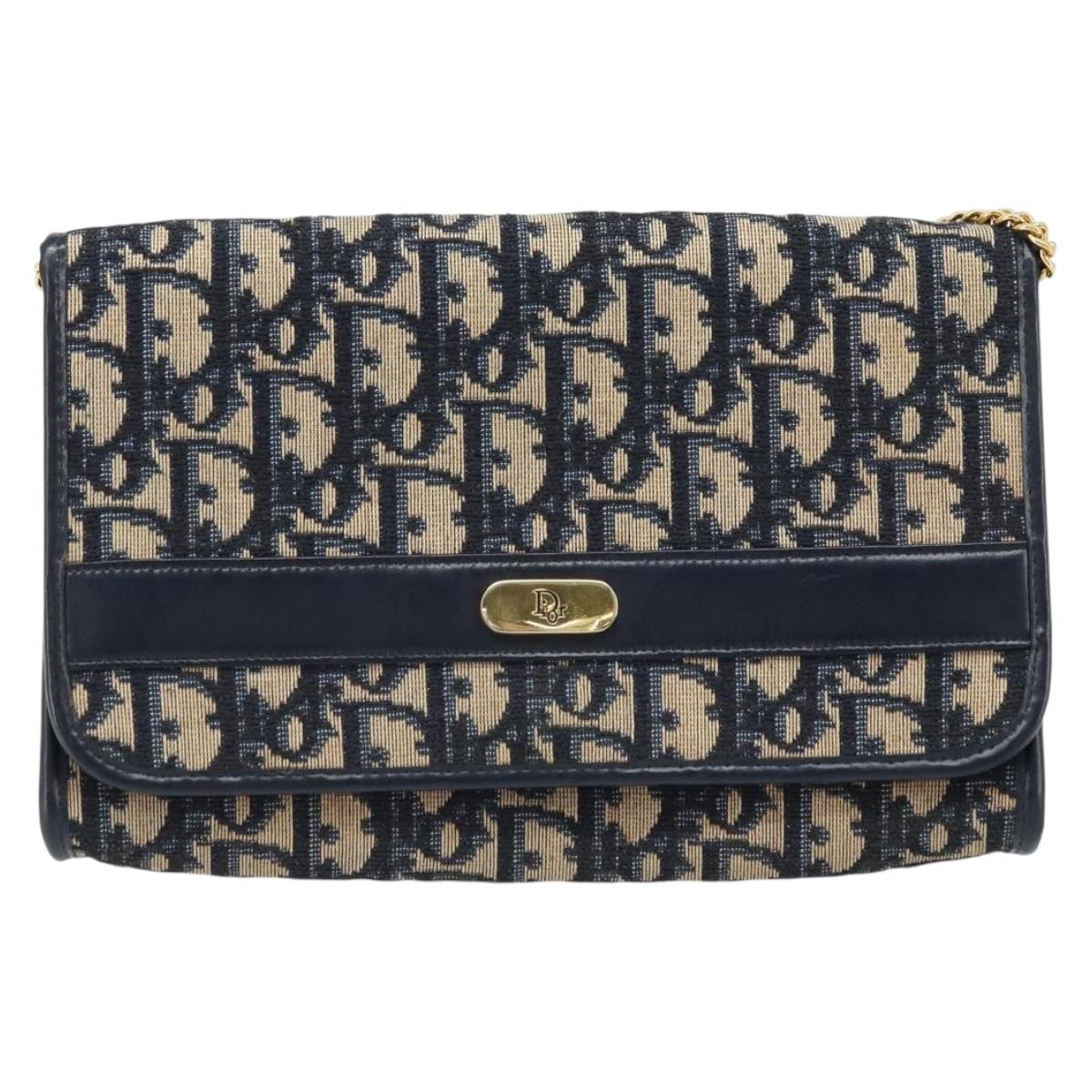 Christian Dior Trotter Canvas Chain Shoulder Bag Navy Gold Auth ARZ234