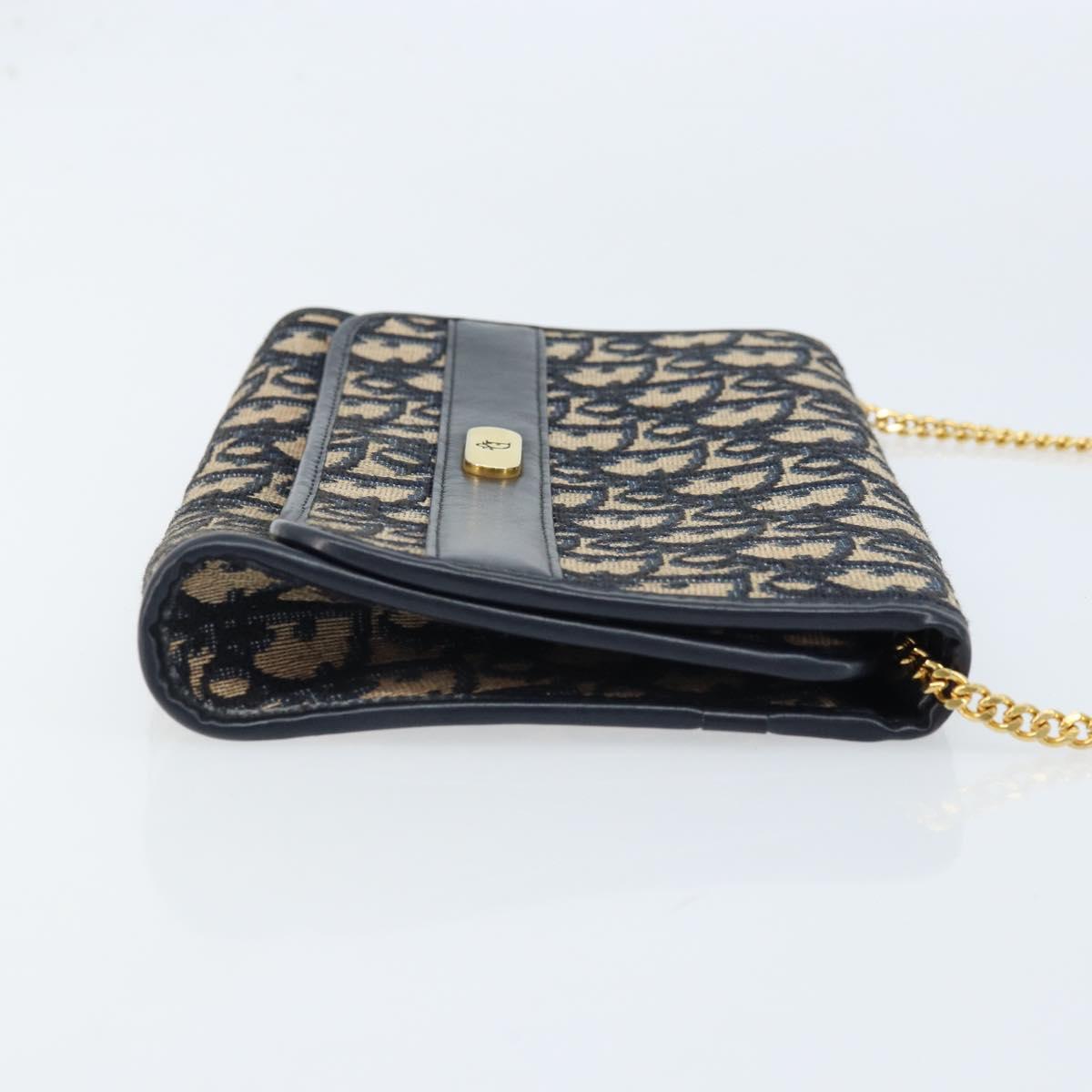 Christian Dior Trotter Canvas Chain Shoulder Bag Navy Gold Auth ARZ234