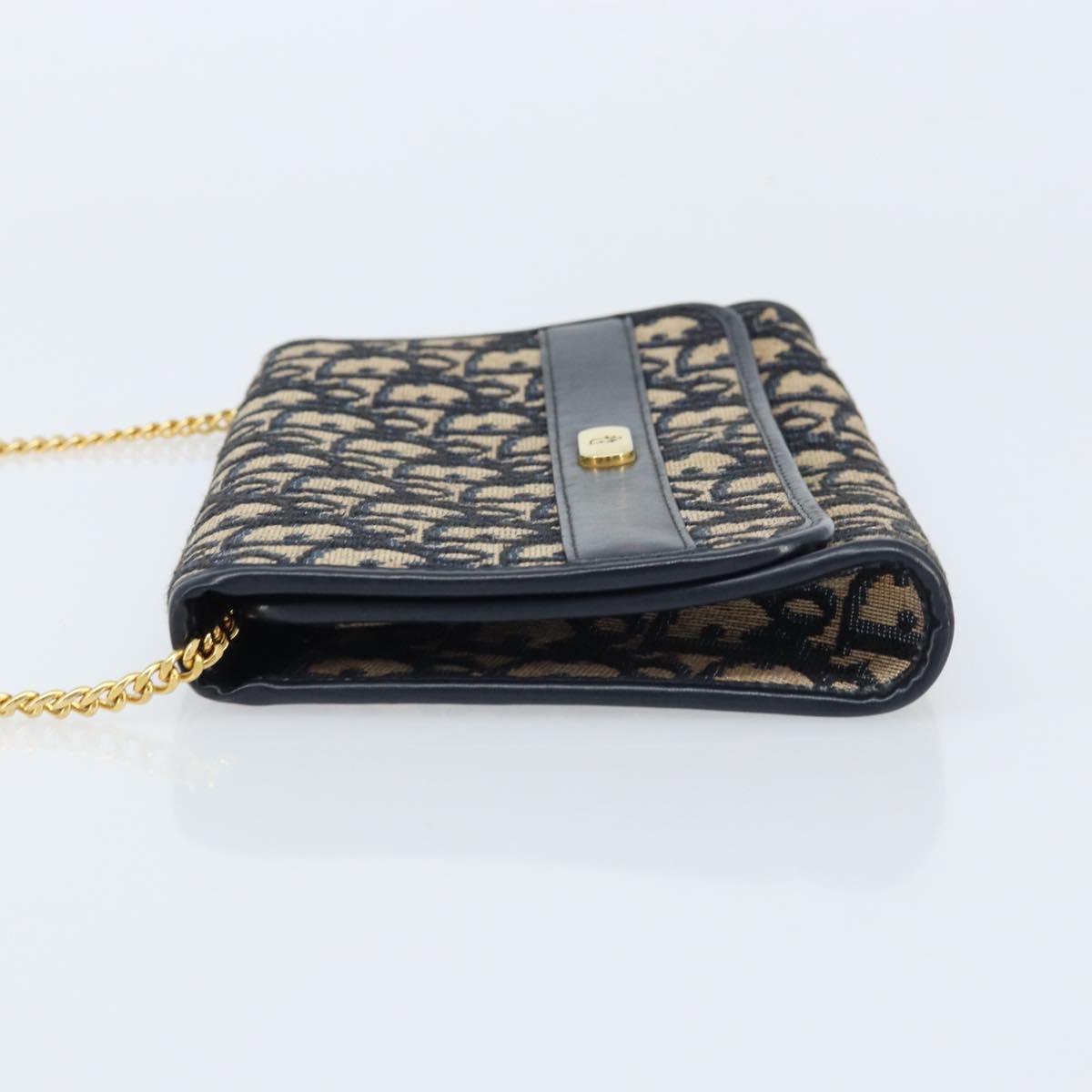 Christian Dior Trotter Canvas Chain Shoulder Bag Navy Gold Auth ARZ234