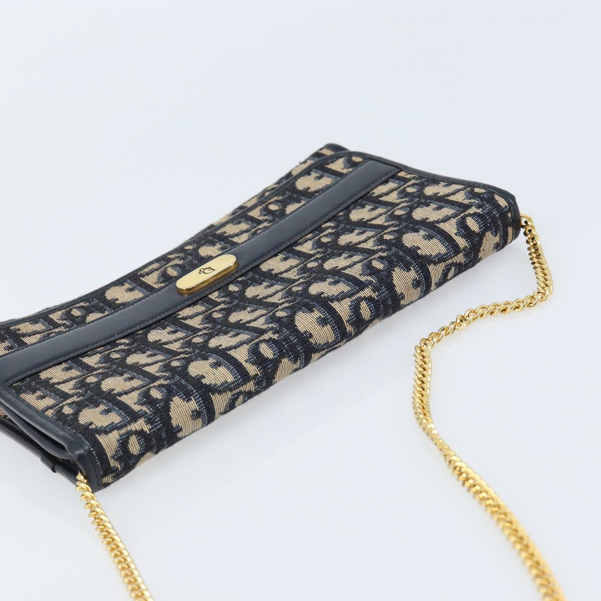 Christian Dior Trotter Canvas Chain Shoulder Bag Navy Gold Auth ARZ234