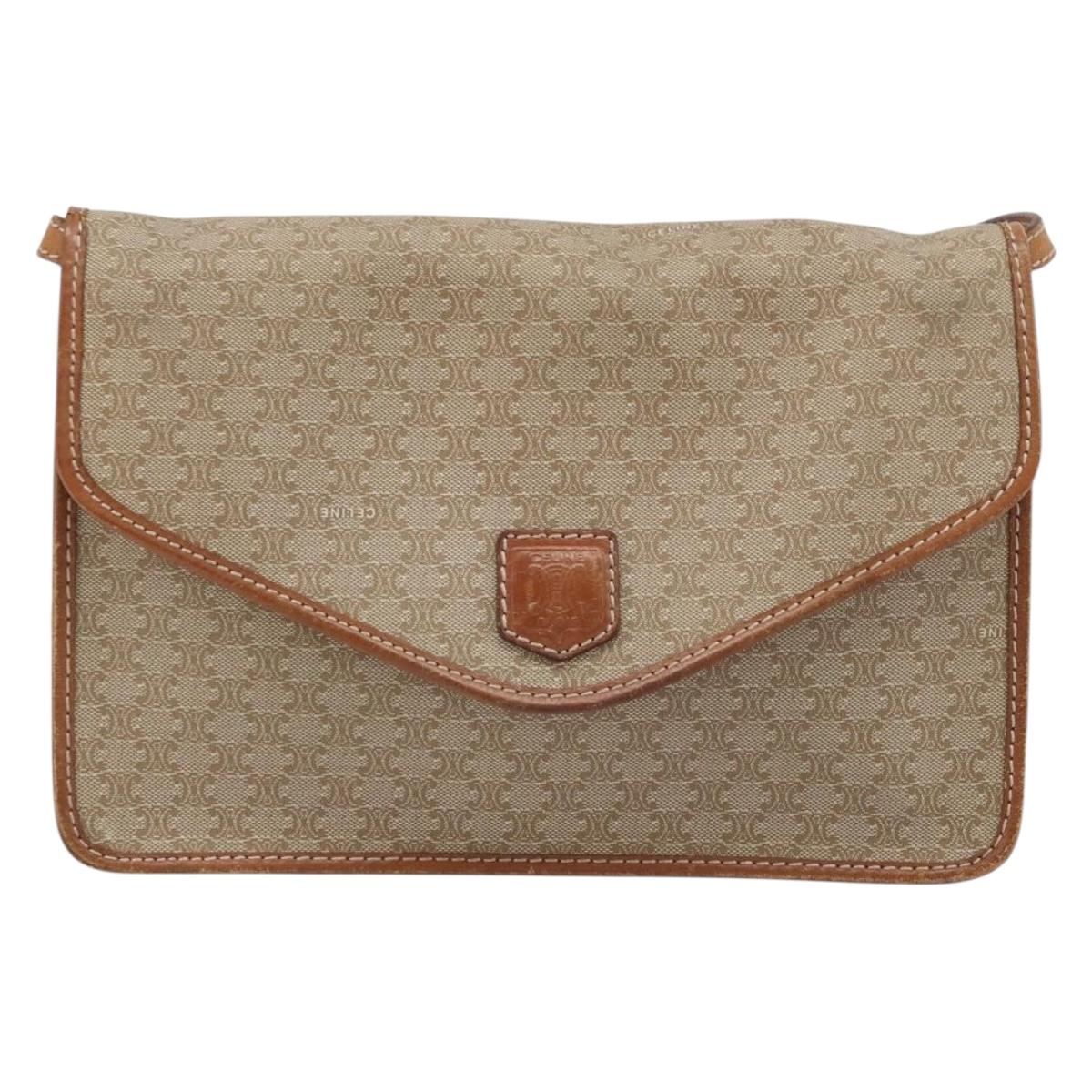 CELINE Macadam Canvas Shoulder Bag PVC Beige Gold Auth ARZ236