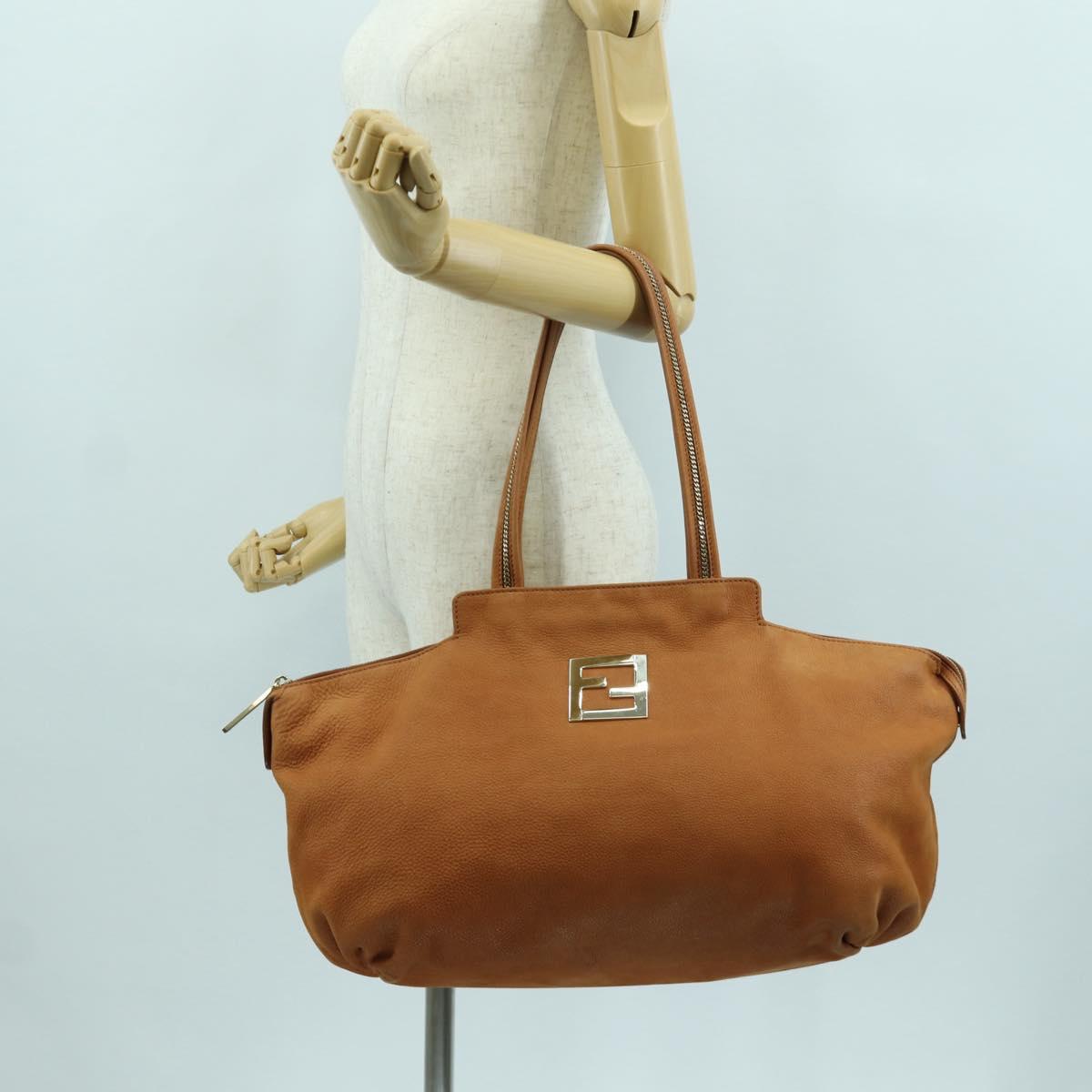 FENDI Tote Bag Leather Brown Gold Auth ARZ252V