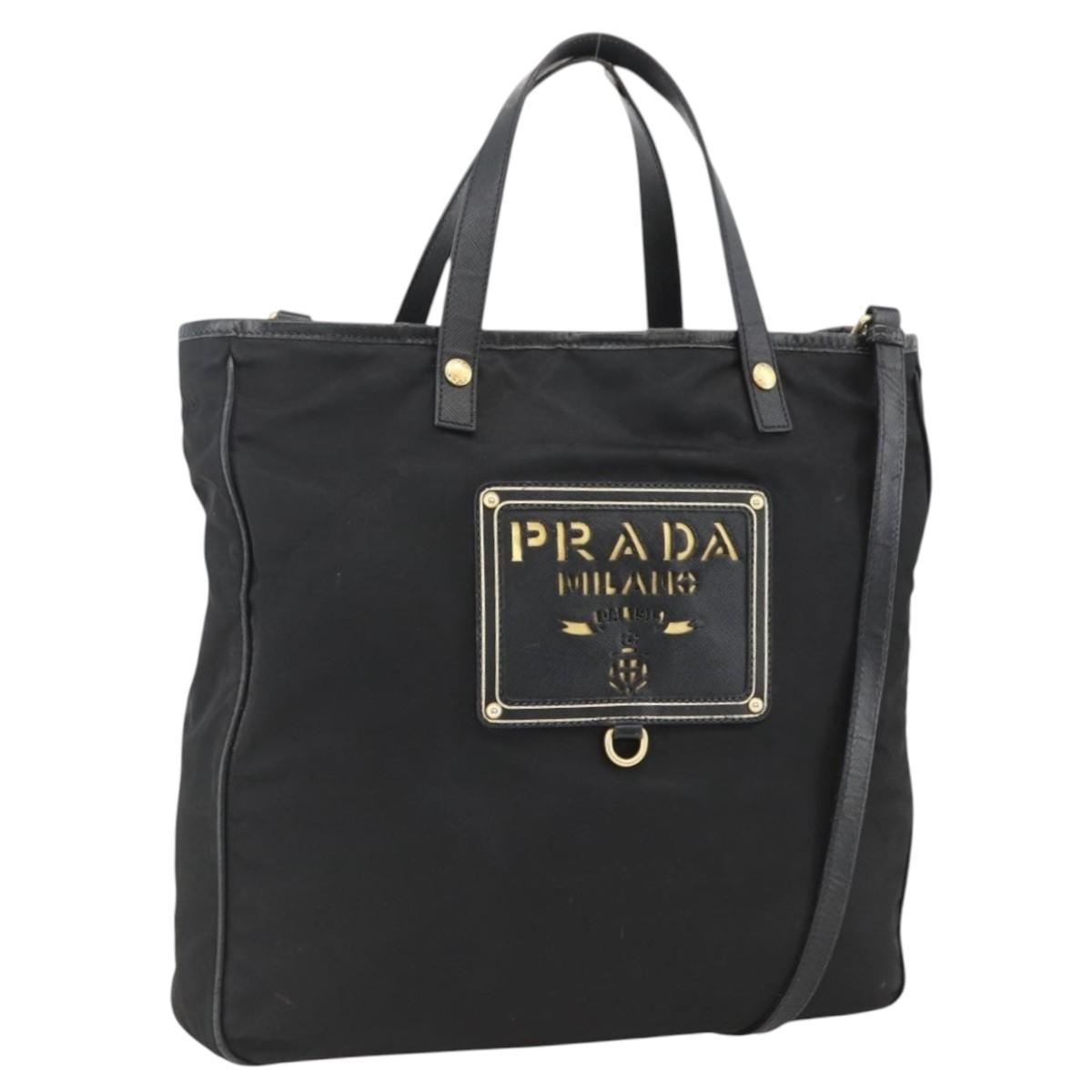 PRADA Tote Bag Nylon 2way Black Gold Auth ARZ275