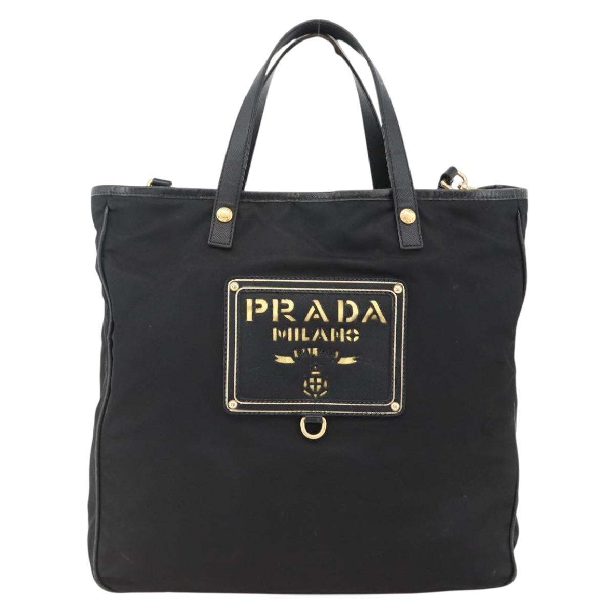 PRADA Tote Bag Nylon 2way Black Gold Auth ARZ275