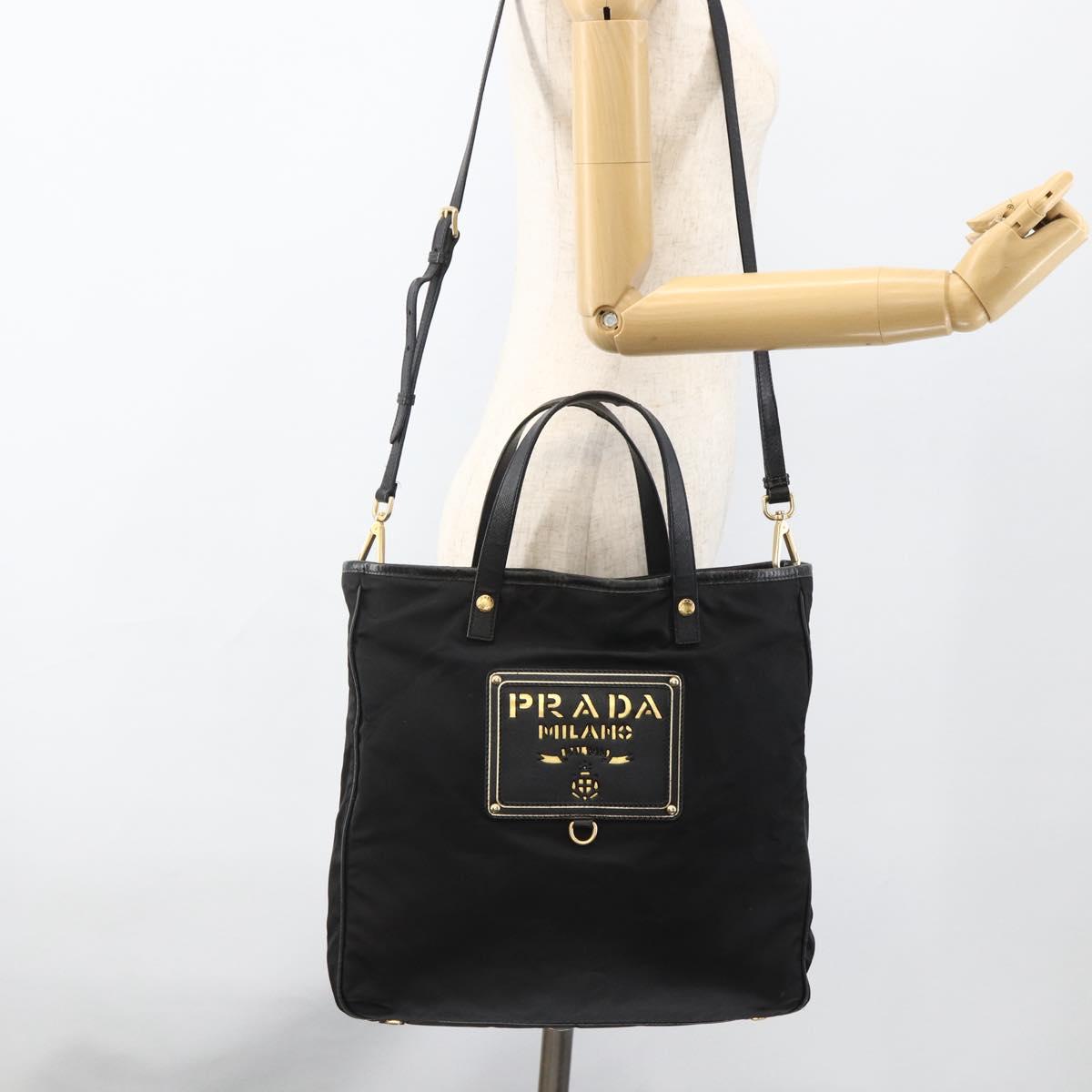 PRADA Tote Bag Nylon 2way Black Gold Auth ARZ275