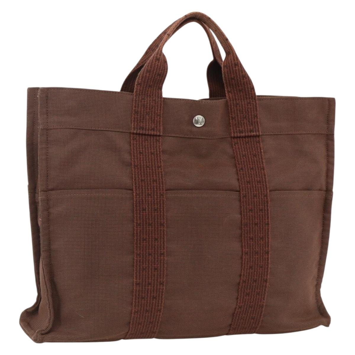 HERMES Her Line MM Hand Bag Canvas Brown Silver Auth ARZ296