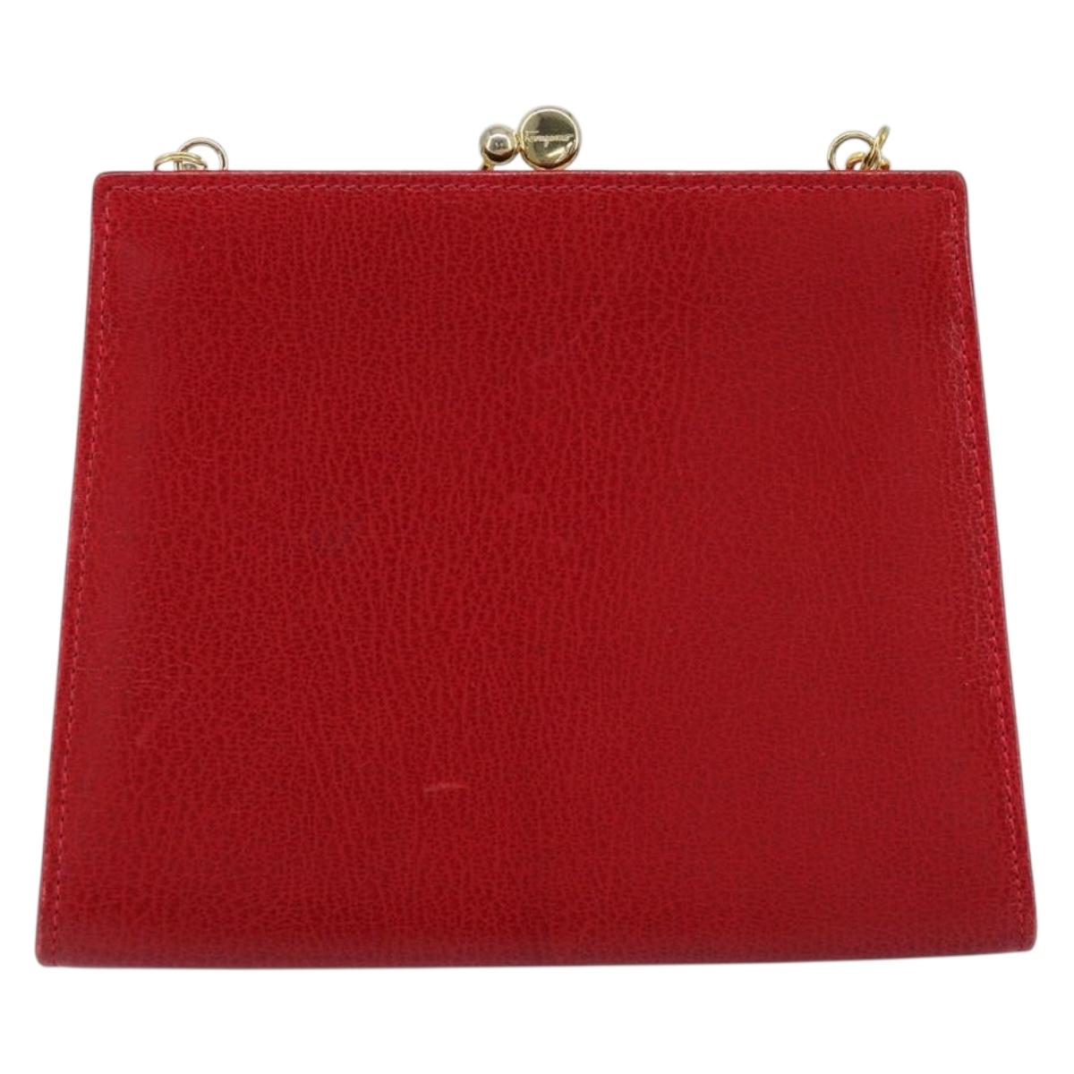 Salvatore Ferragamo Vala Chain Shoulder Bag Leather Red Gold Auth ARZ298