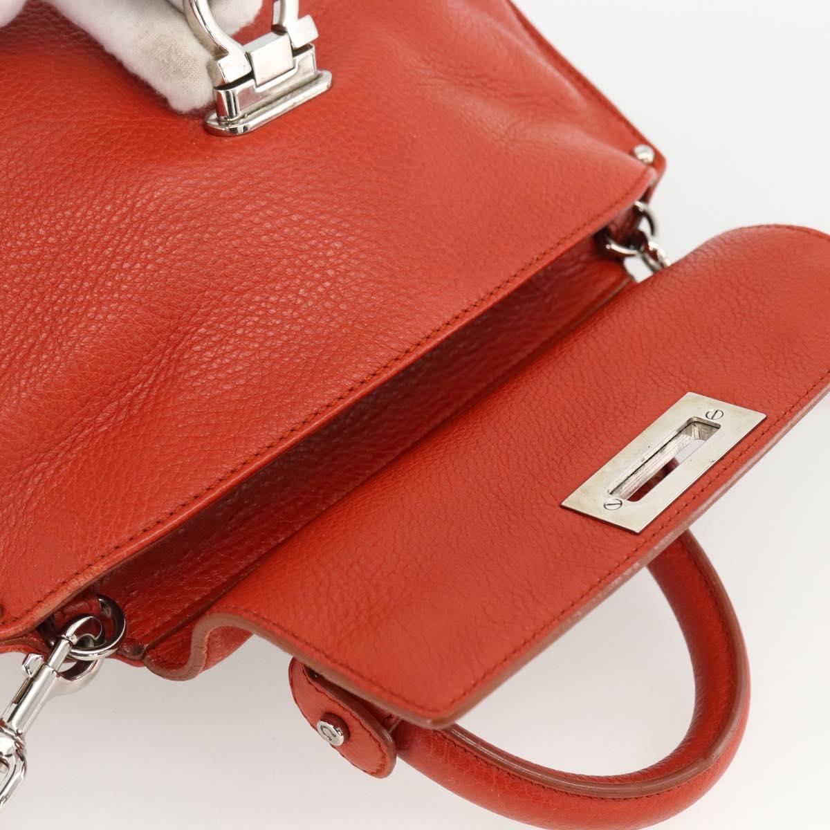 Salvatore Ferragamo Gancini Hand Bag Leather 2way Red Silver Auth ARZ300A