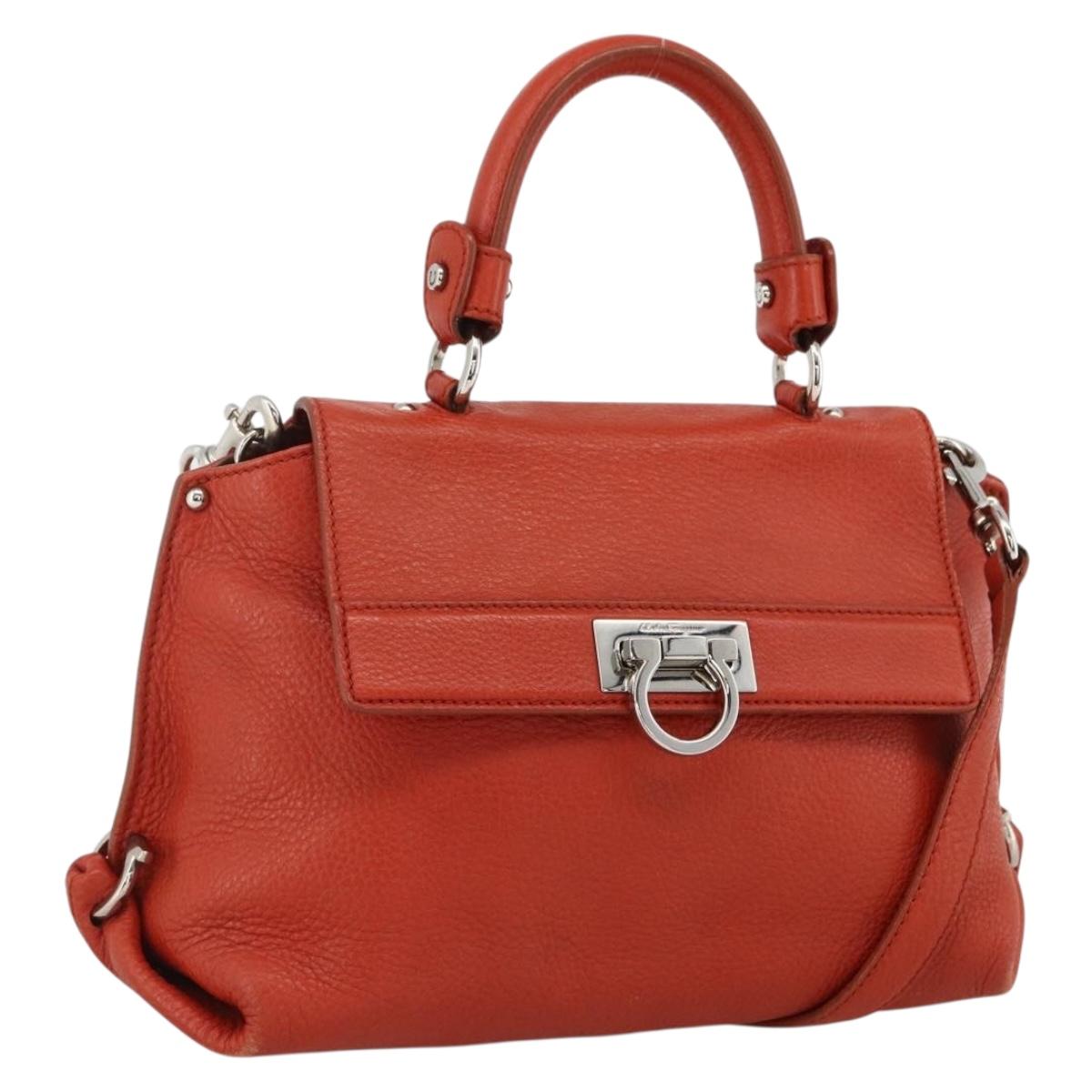 Salvatore Ferragamo Gancini Hand Bag Leather 2way Red Silver Auth ARZ300A