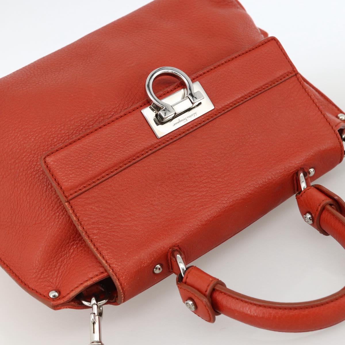 Salvatore Ferragamo Gancini Hand Bag Leather 2way Red Silver Auth ARZ300A