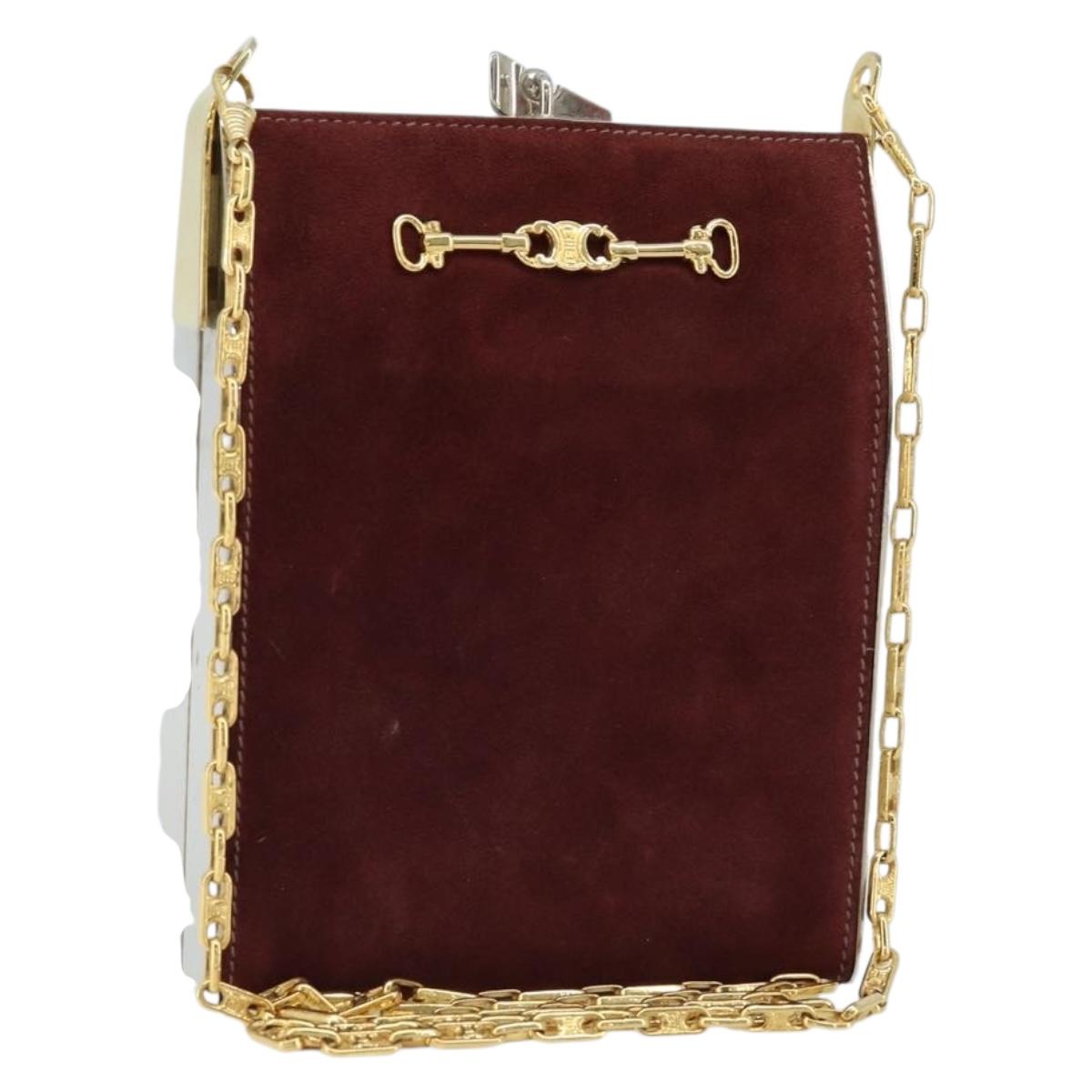 CELINE Horsebit Chain Shoulder Bag Suede Bordeaux Gold Auth ARZ301V