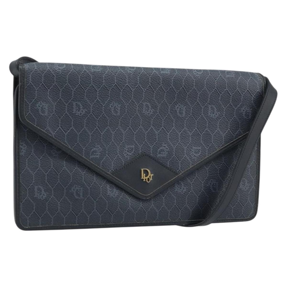 Christian Dior Honeycomb Canvas Shoulder Bag PVC Black Gold Auth ARZ307