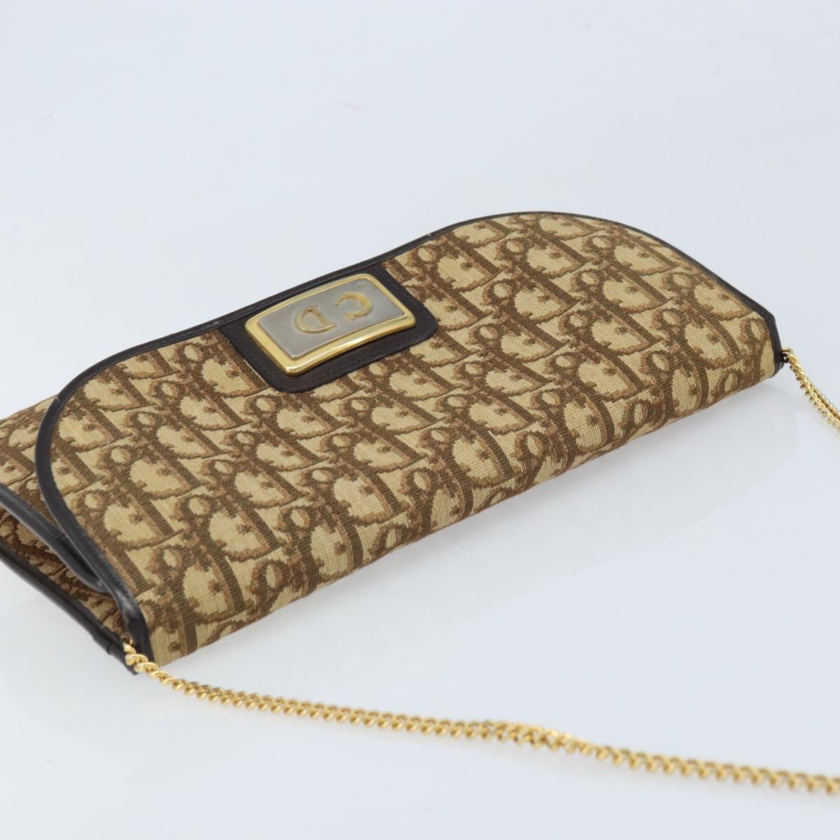 Christian Dior Trotter Canvas Chain Shoulder Bag Brown Gold Auth ARZ308A