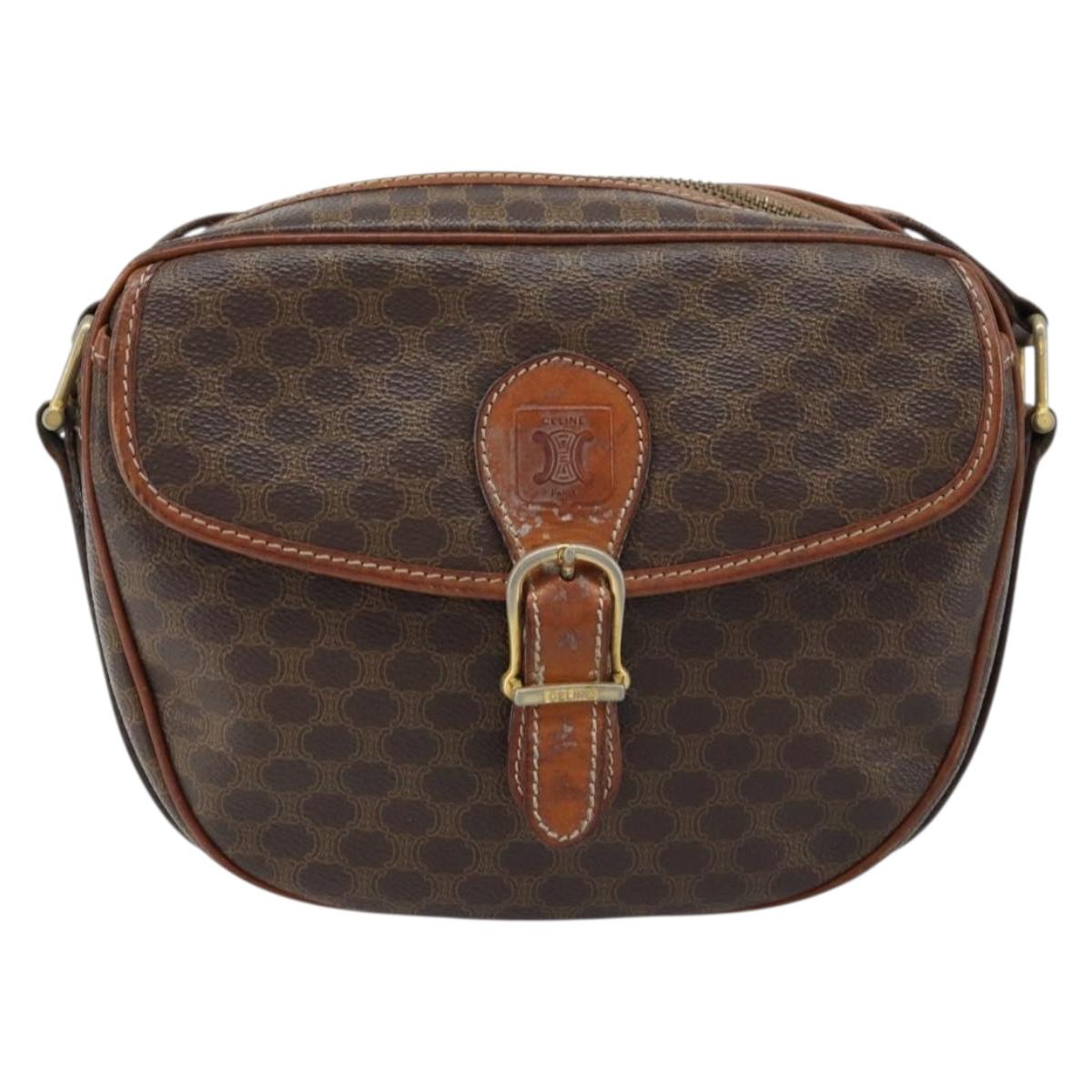 CELINE Macadam Canvas Shoulder Bag PVC Leather Brown Gold Auth ARZ311