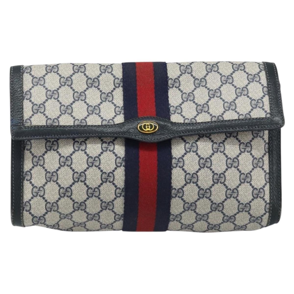 GUCCI GG Supreme Sherry Line Clutch Bag PVC Navy Red 84 01 007 Auth ARZ315