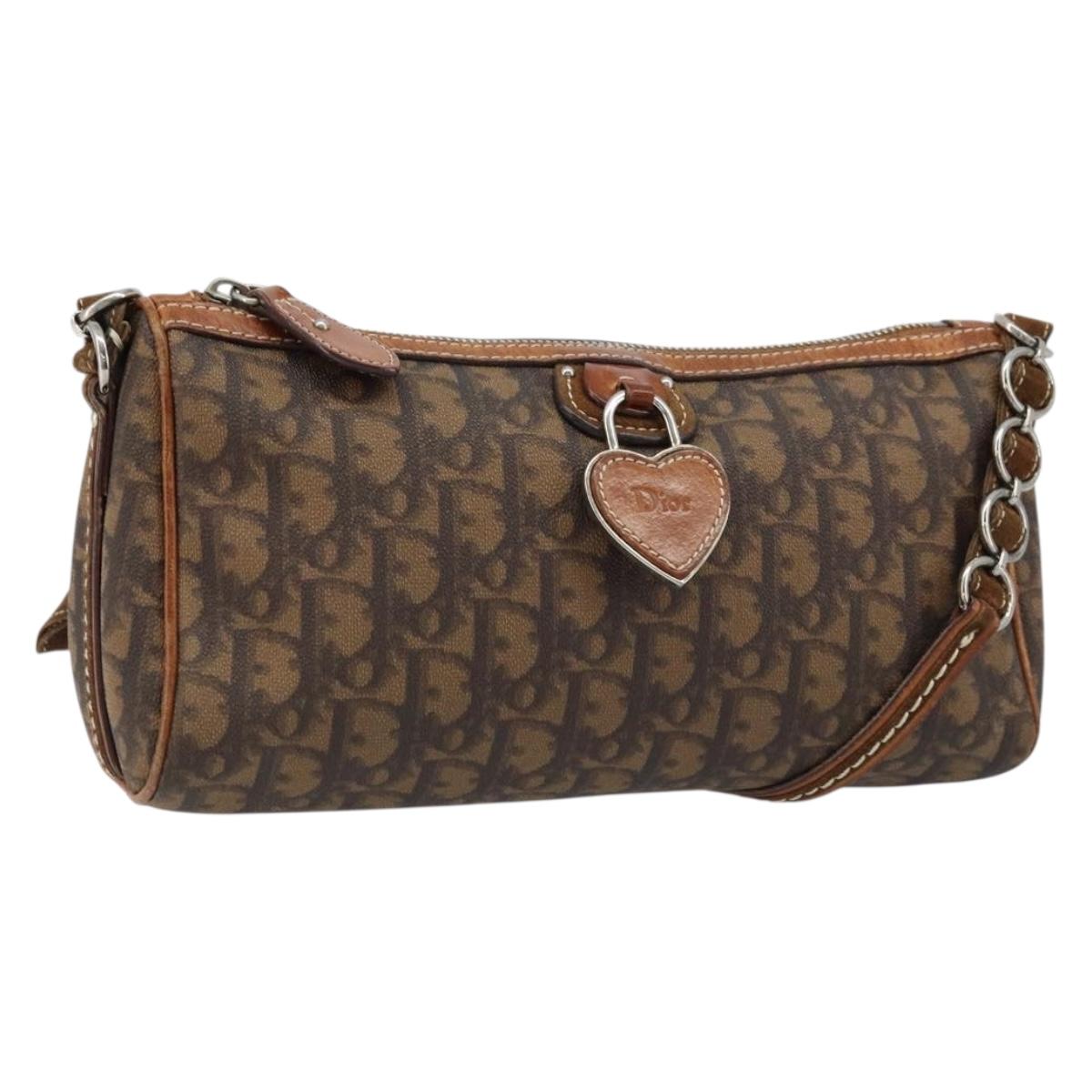 Christian Dior Trotter Canvas Romantic Chain Bag PVC Brown Silver Auth ARZ357