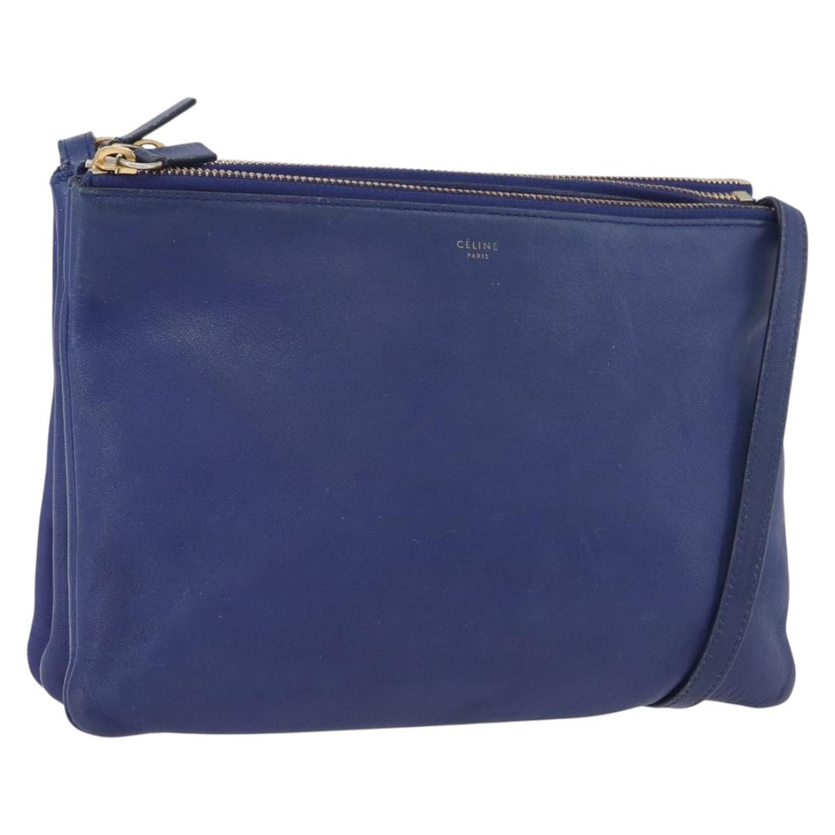 CELINE Trio Shoulder Bag Leather Blue Gold Auth ARZ364