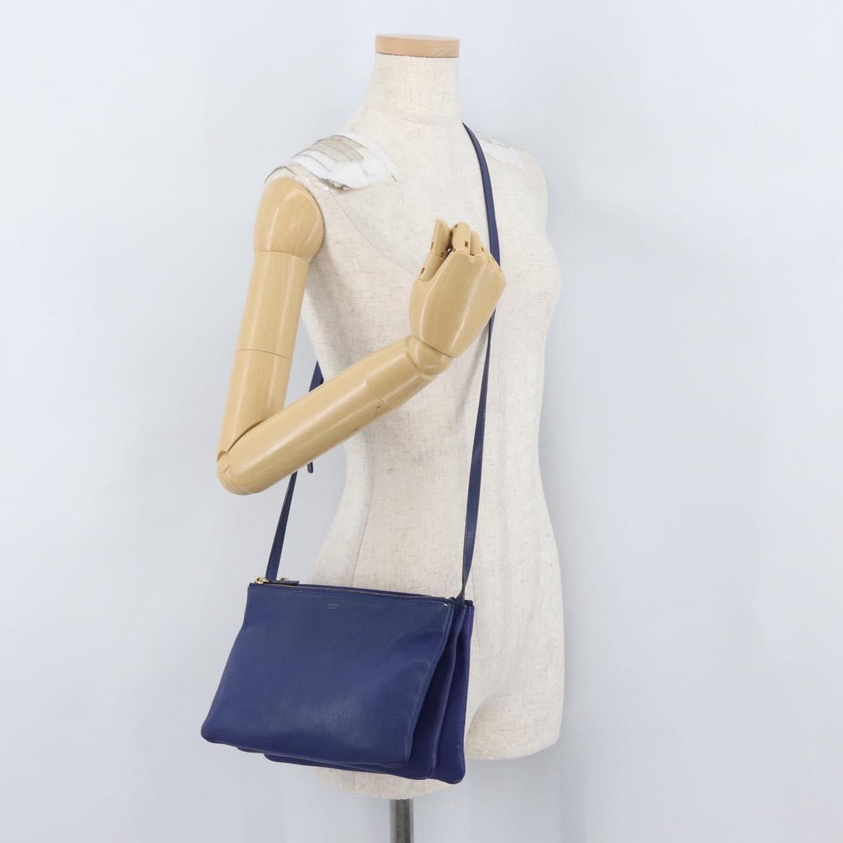 CELINE Trio Shoulder Bag Leather Blue Gold Auth ARZ364