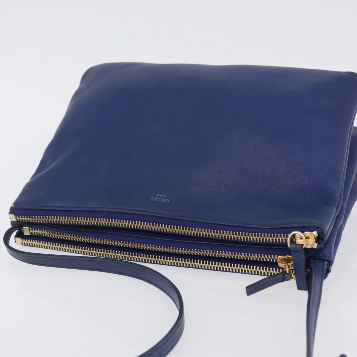 CELINE Trio Shoulder Bag Leather Blue Gold Auth ARZ364