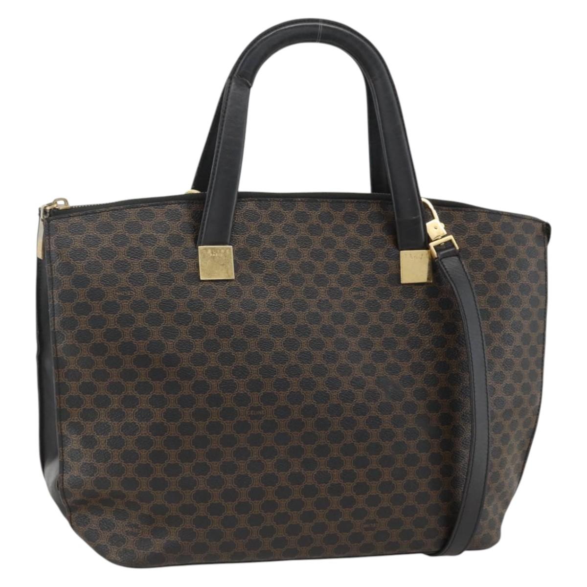 CELINE Macadam Canvas Hand Bag PVC Leather 2way Black Gold Auth ARZ366
