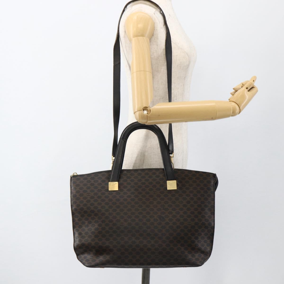 CELINE Macadam Canvas Hand Bag PVC Leather 2way Black Gold Auth ARZ366