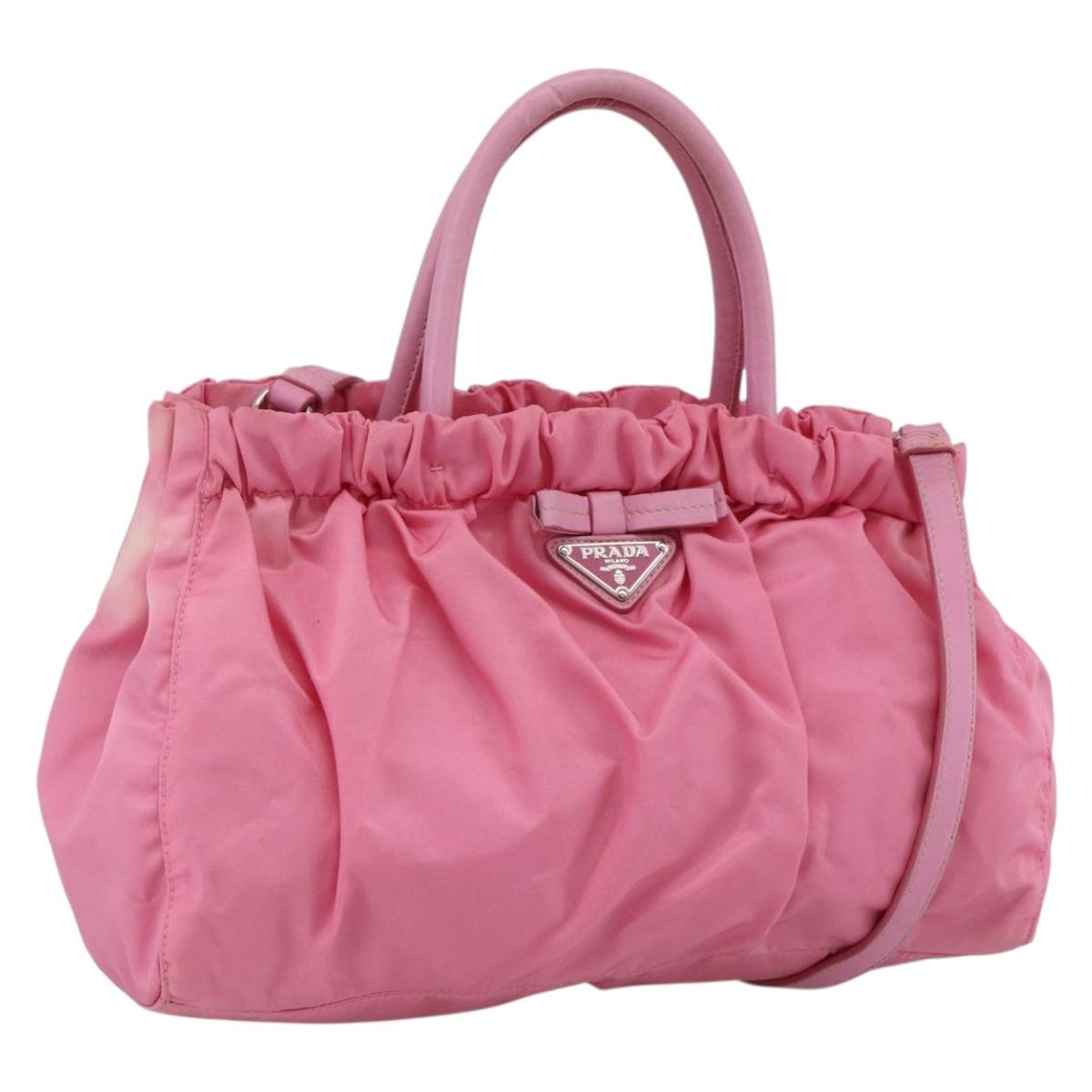 PRADA Ribbon Hand Bag Nylon 2way Pink Silver Auth ARZ368