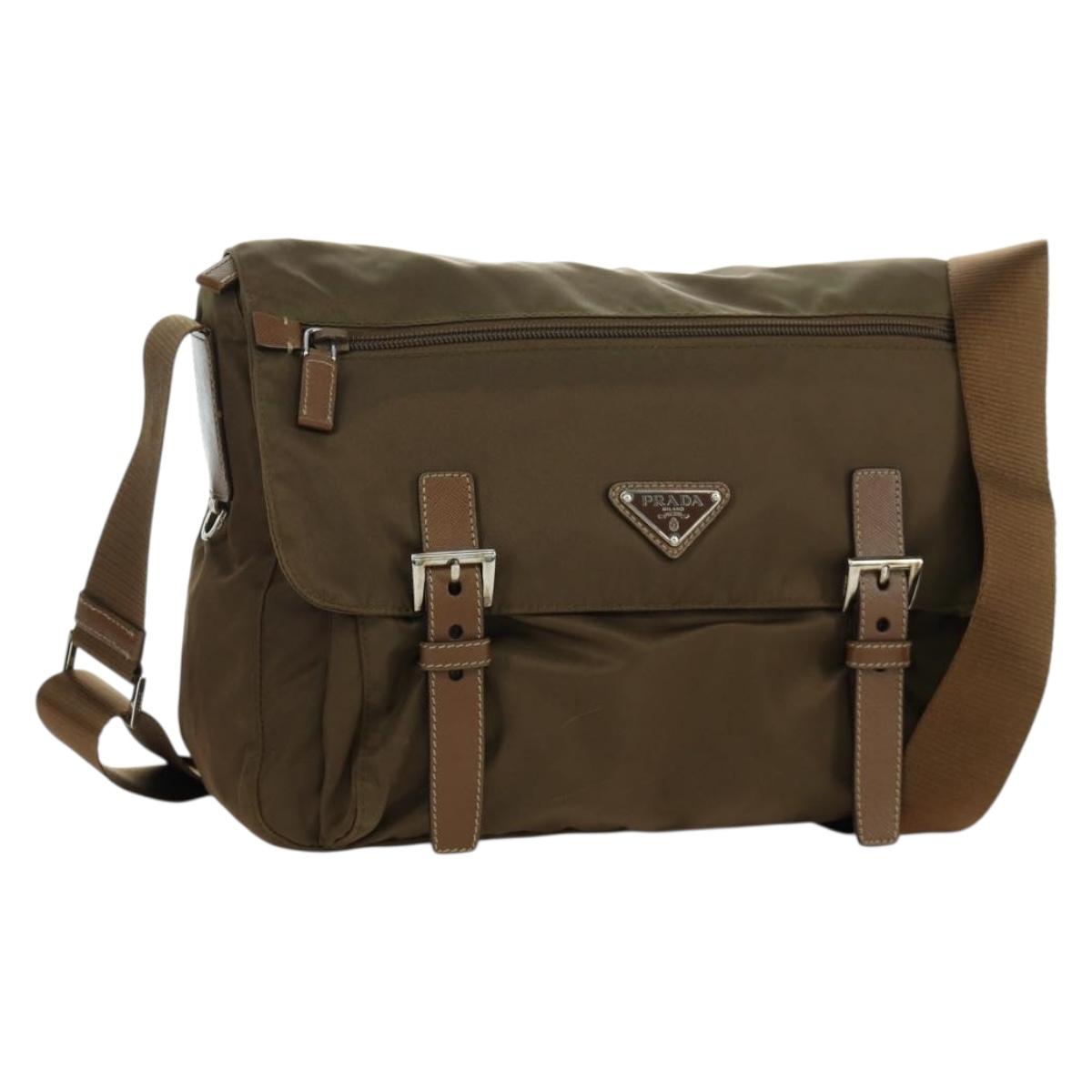 PRADA Shoulder Bag Nylon Leather Silver Brown Auth ARZ369V