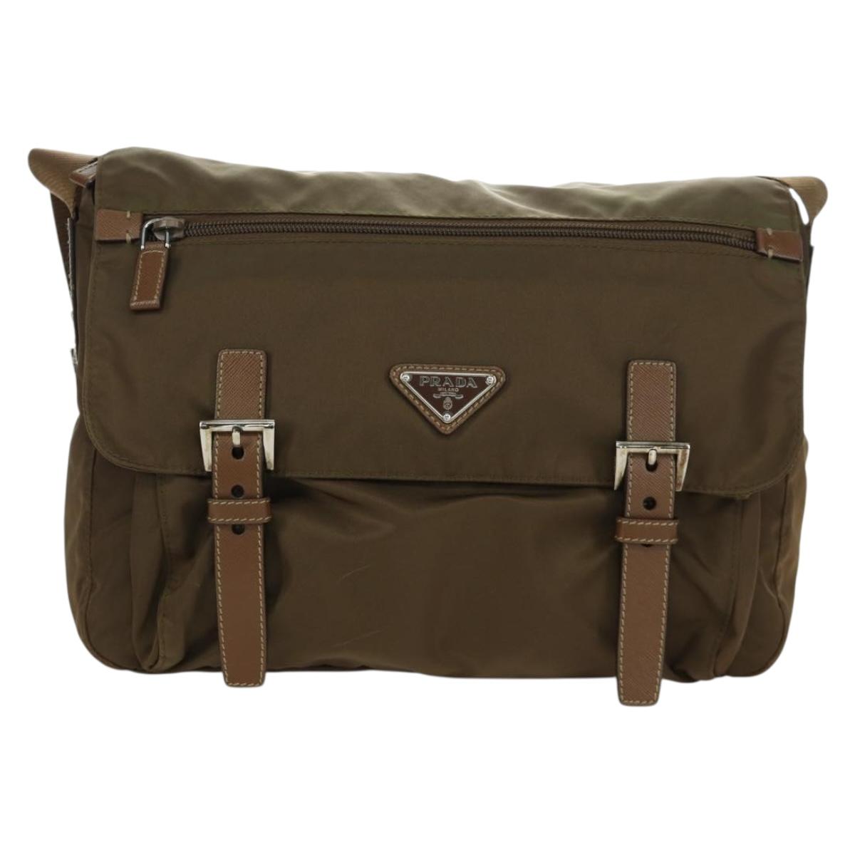 PRADA Shoulder Bag Nylon Leather Silver Brown Auth ARZ369V