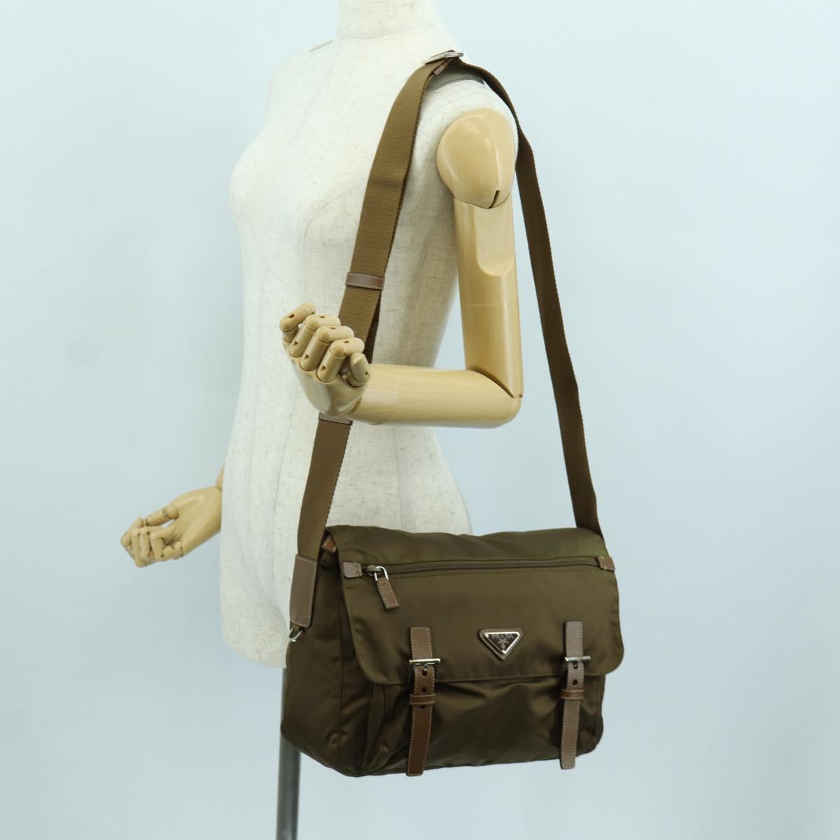 PRADA Shoulder Bag Nylon Leather Silver Brown Auth ARZ369V