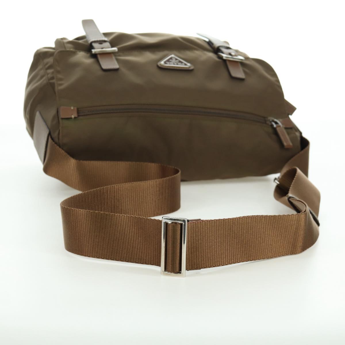 PRADA Shoulder Bag Nylon Leather Silver Brown Auth ARZ369V