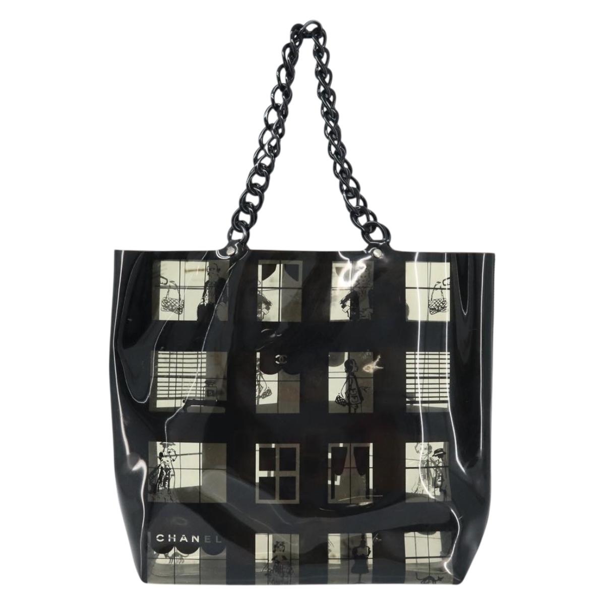 CHANEL Chain Tote Bag Vinyl Black CC Auth ARZ371