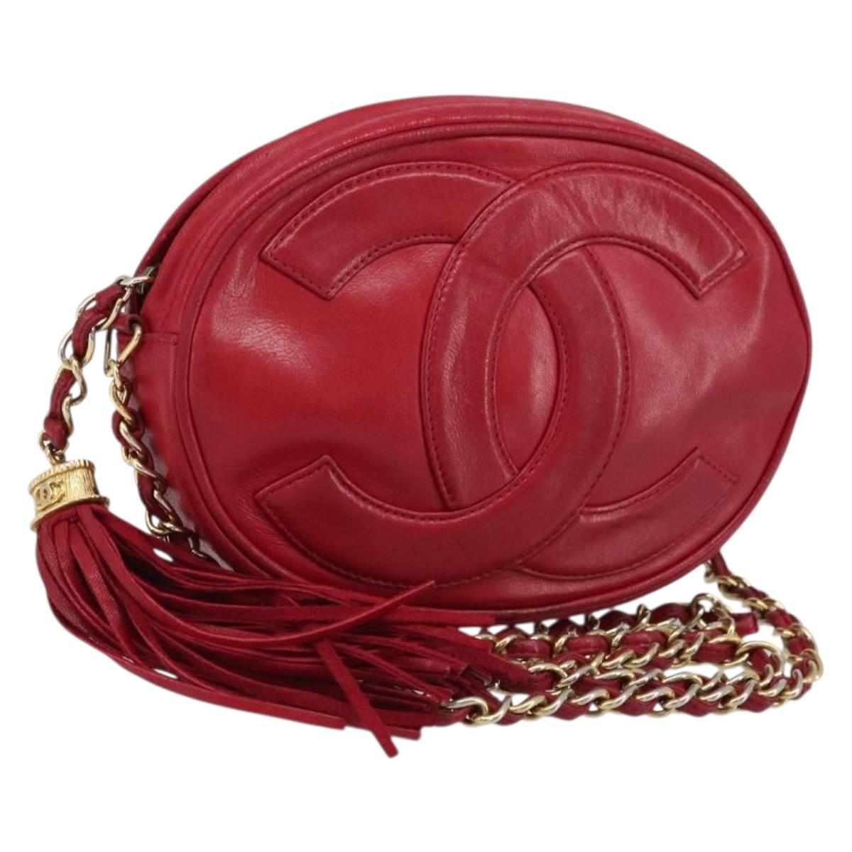 CHANEL Chain Shoulder Bag Lamb Skin Red Gold CC Auth ARZ393A