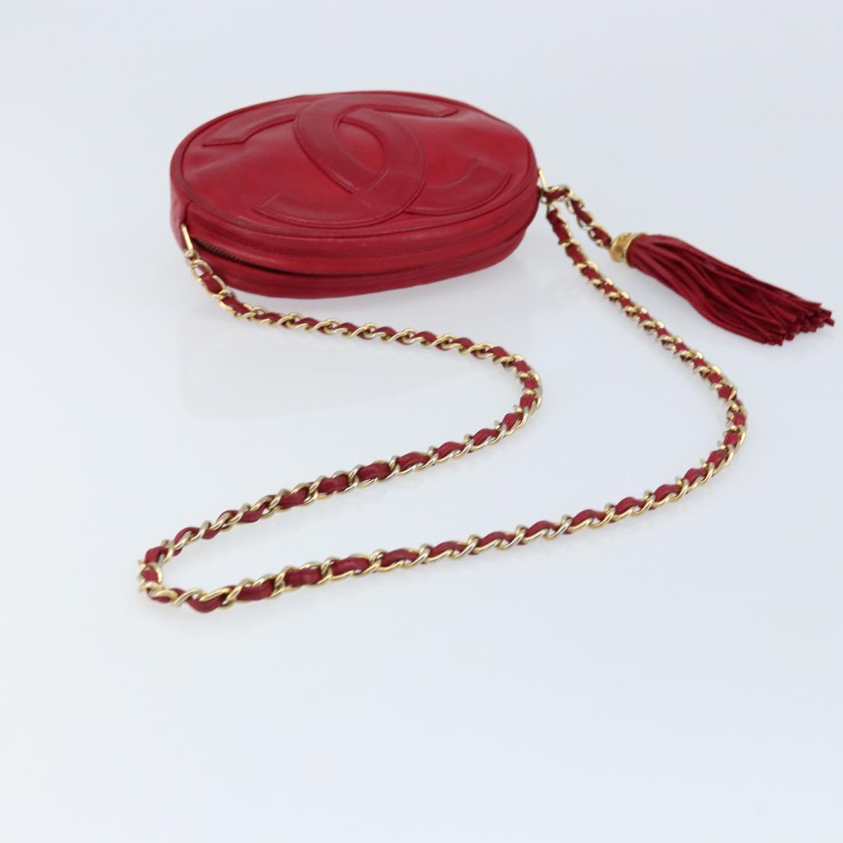 CHANEL Chain Shoulder Bag Lamb Skin Red Gold CC Auth ARZ393A