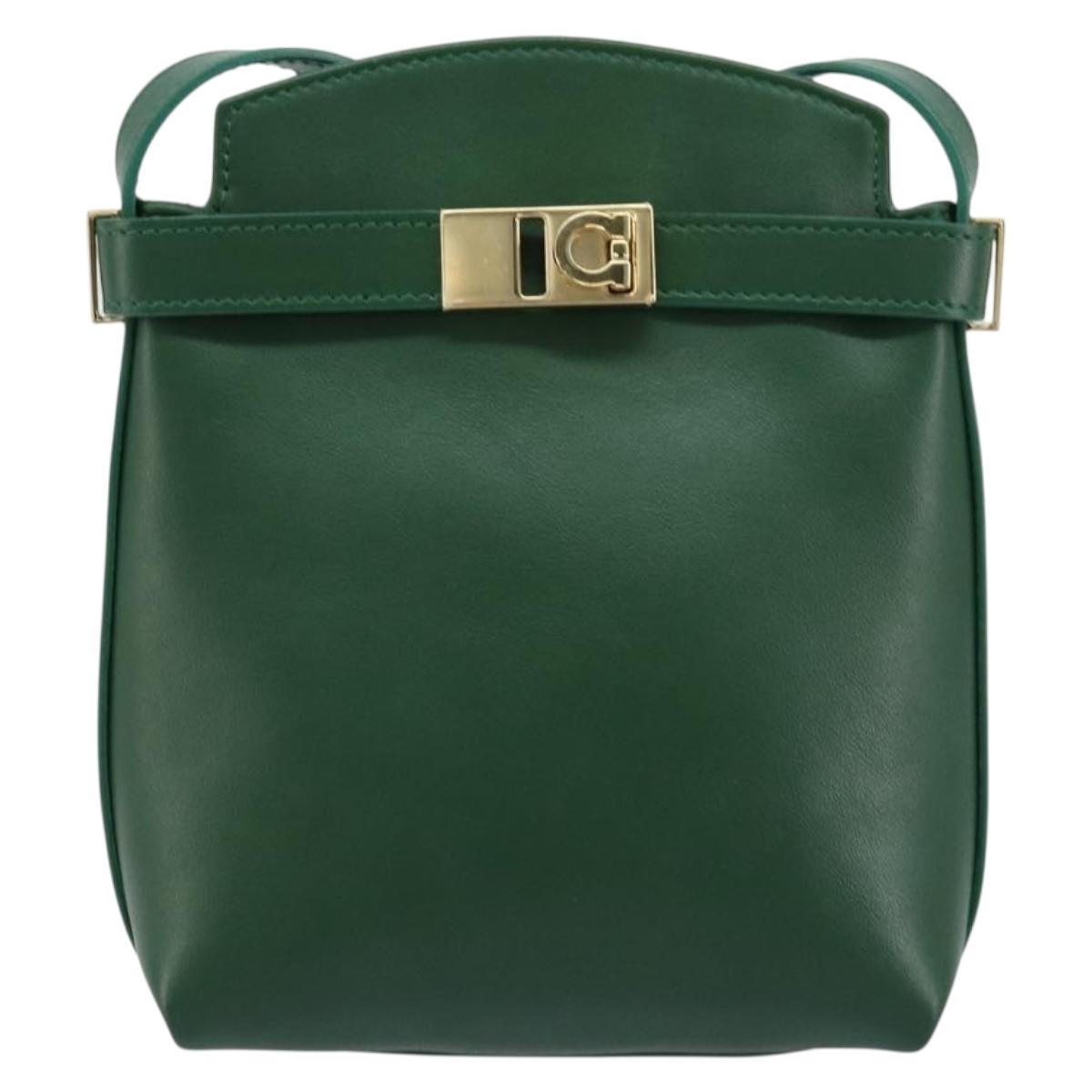 Salvatore Ferragamo Gancini Shoulder Bag Leather Green Gold Auth ARZ415V