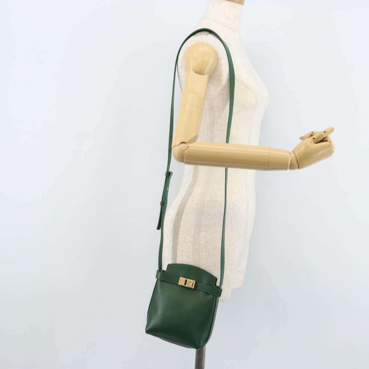 Salvatore Ferragamo Gancini Shoulder Bag Leather Green Gold Auth ARZ415V