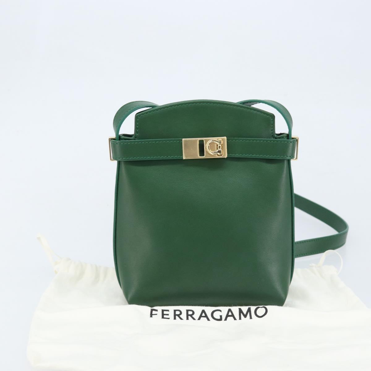 Salvatore Ferragamo Gancini Shoulder Bag Leather Green Gold Auth ARZ415V